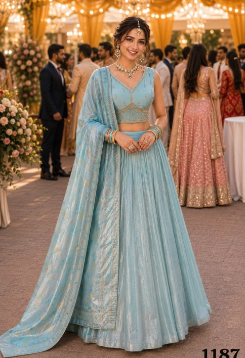 Aqua Blue Tissue Readymade Lehenga Choli with Embroidered and Zari Work